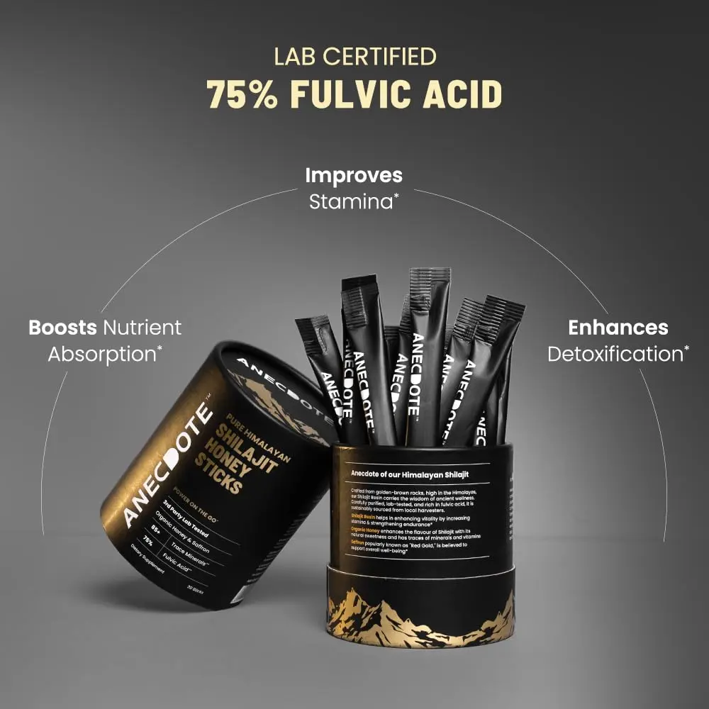 Anecdote Shilajit honey sticks with organic honey and saffron provide a natural energy boost, support immunity, and improve mental focus with 75% fulvic acid and 85+ trace minerals.