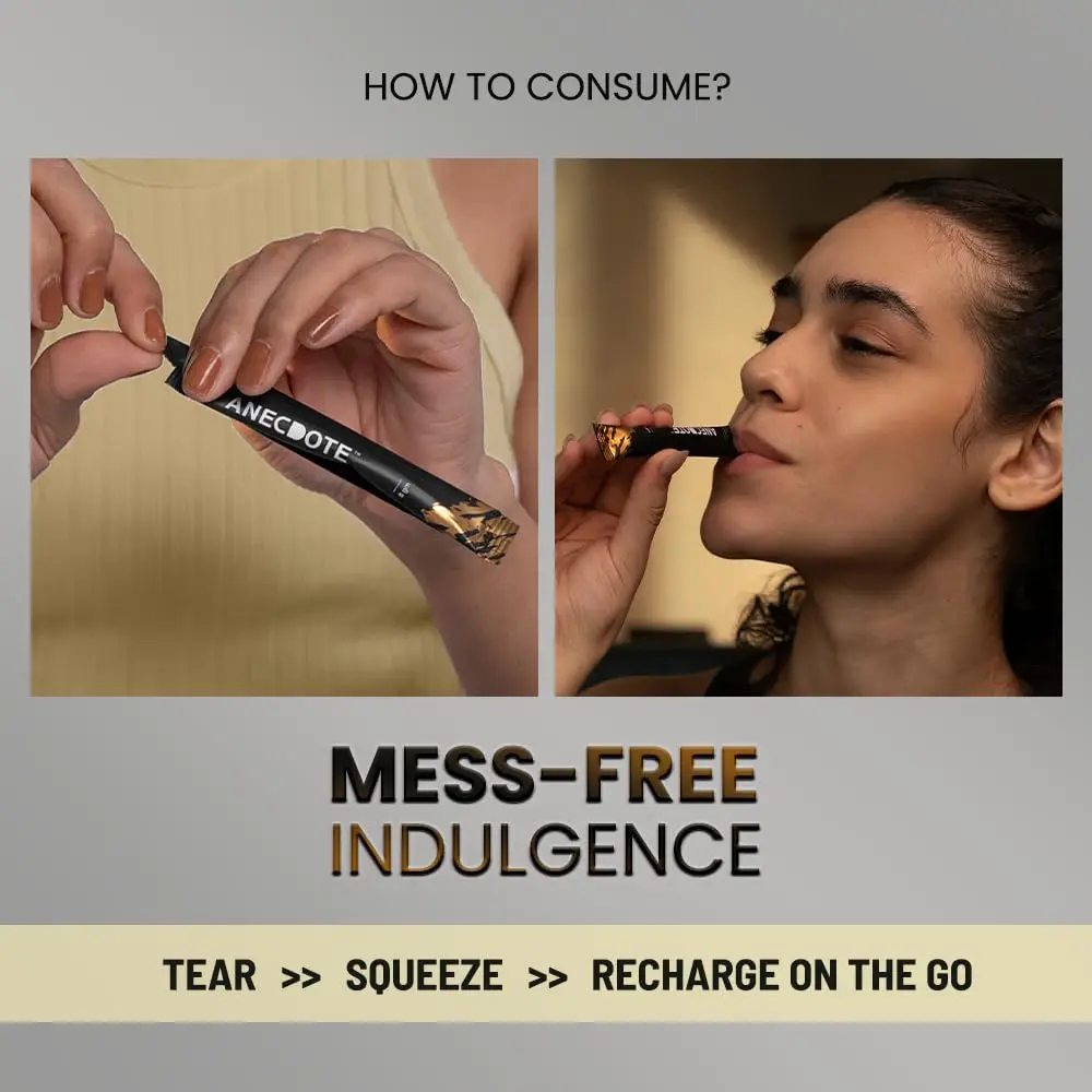 Anecdote Shilajit honey sticks with organic honey and saffron provide a natural energy boost, support immunity, and improve mental focus with 75% fulvic acid and 85+ trace minerals.