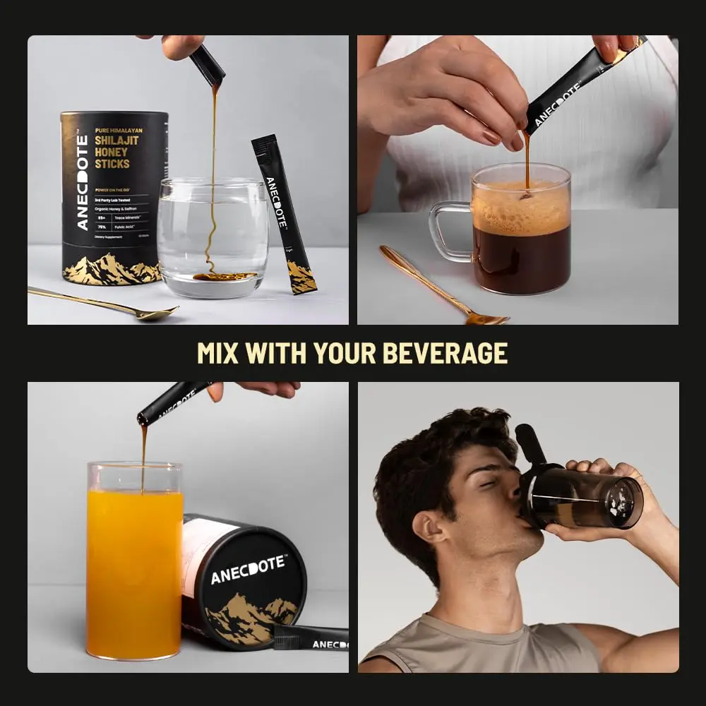 Anecdote Shilajit honey sticks with organic honey and saffron provide a natural energy boost, support immunity, and improve mental focus with 75% fulvic acid and 85+ trace minerals.