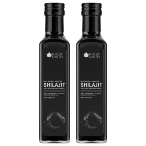 Two bottles of Bliss of Earth Shilajit Juice, a Himalayan tonic that boosts energy, supports immunity, and promotes natural detoxification and vitality.