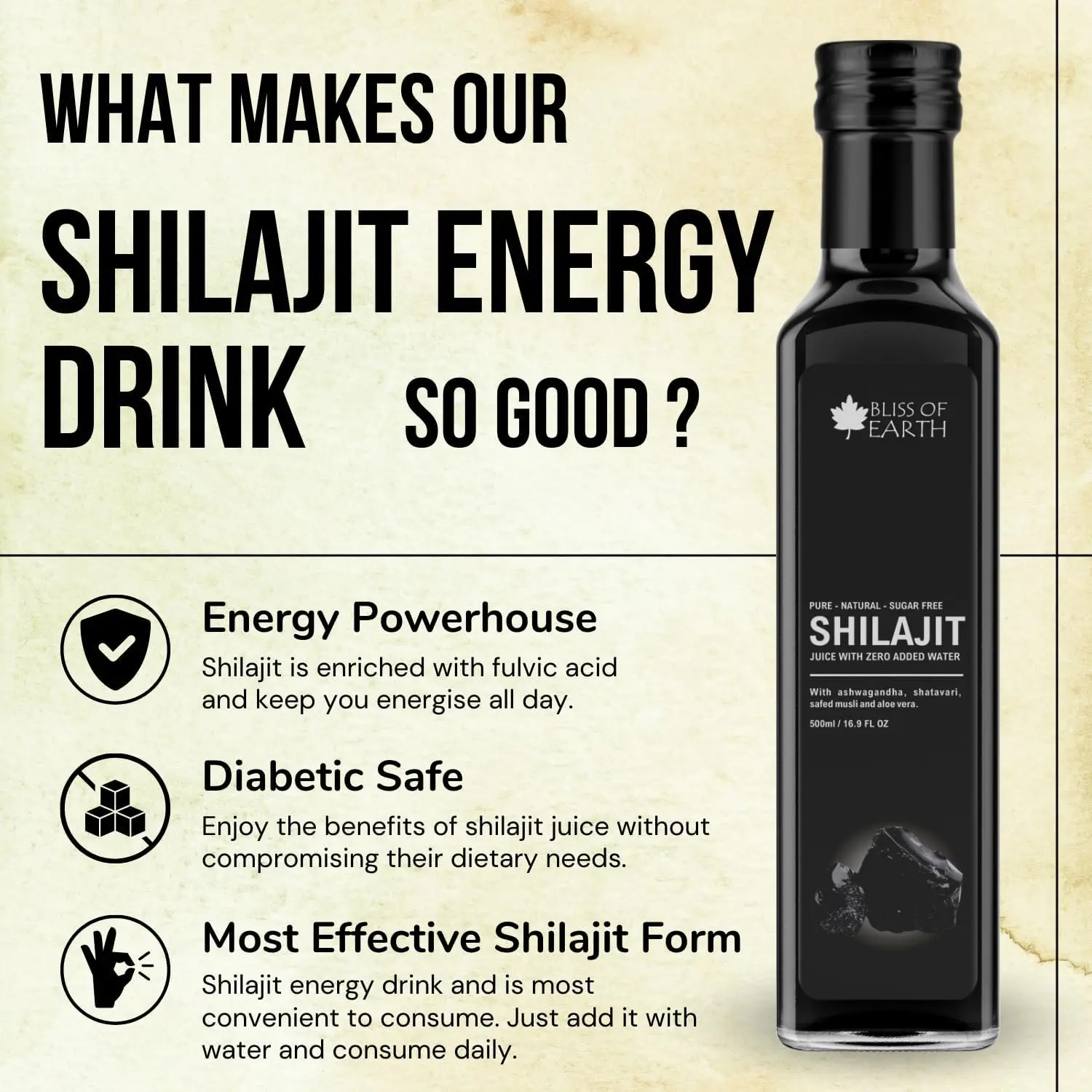 Bliss of Earth Shilajit juice is a pure Himalayan tonic rich in minerals and fulvic acid supporting energy, immunity, and natural detox.