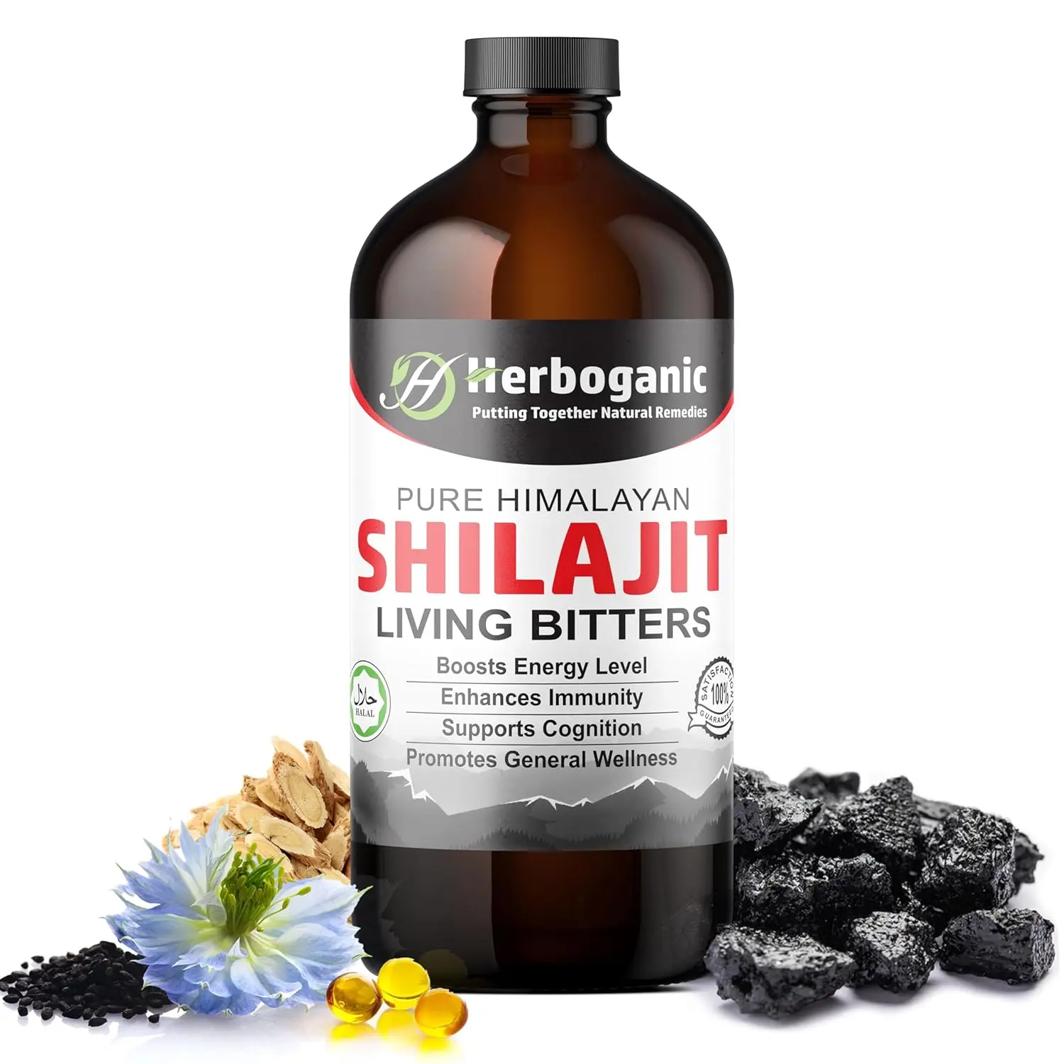 Image of HERBOGANIC Shilajit Living Bitter supplement promoting general wellness.