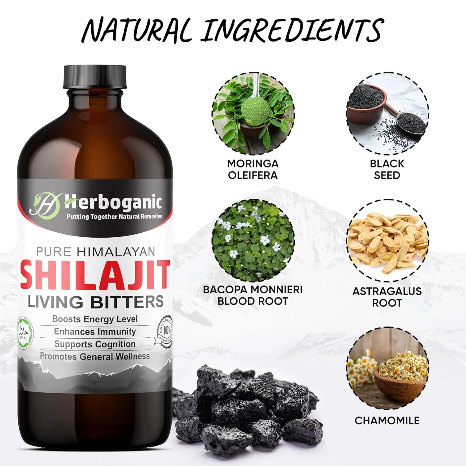 Image of HERBOGANIC Shilajit Living Bitter supplement promoting general wellness.