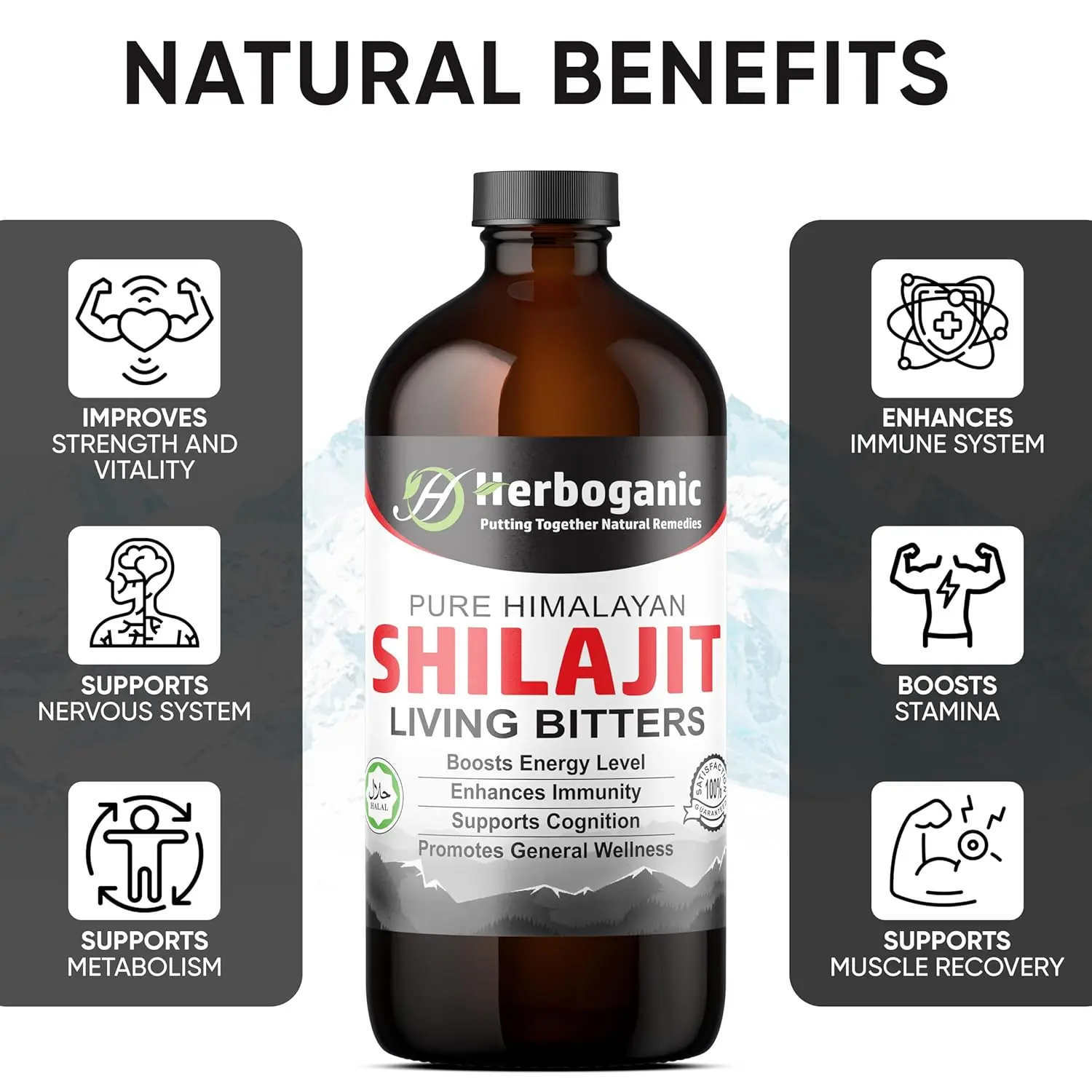 Image of HERBOGANIC Shilajit Living Bitter supplement promoting general wellness.