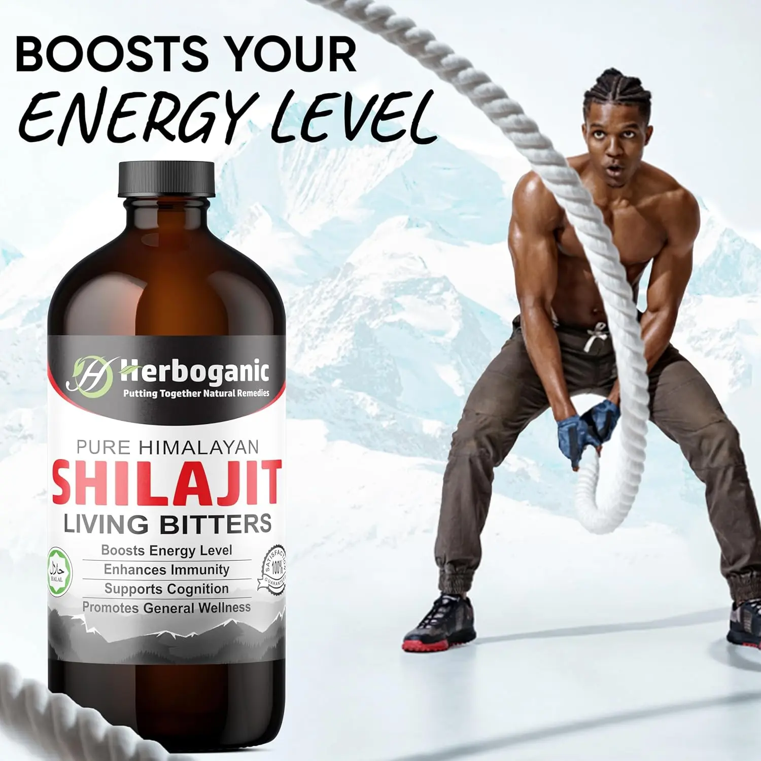 Image of HERBOGANIC Shilajit Living Bitter supplement promoting general wellness.