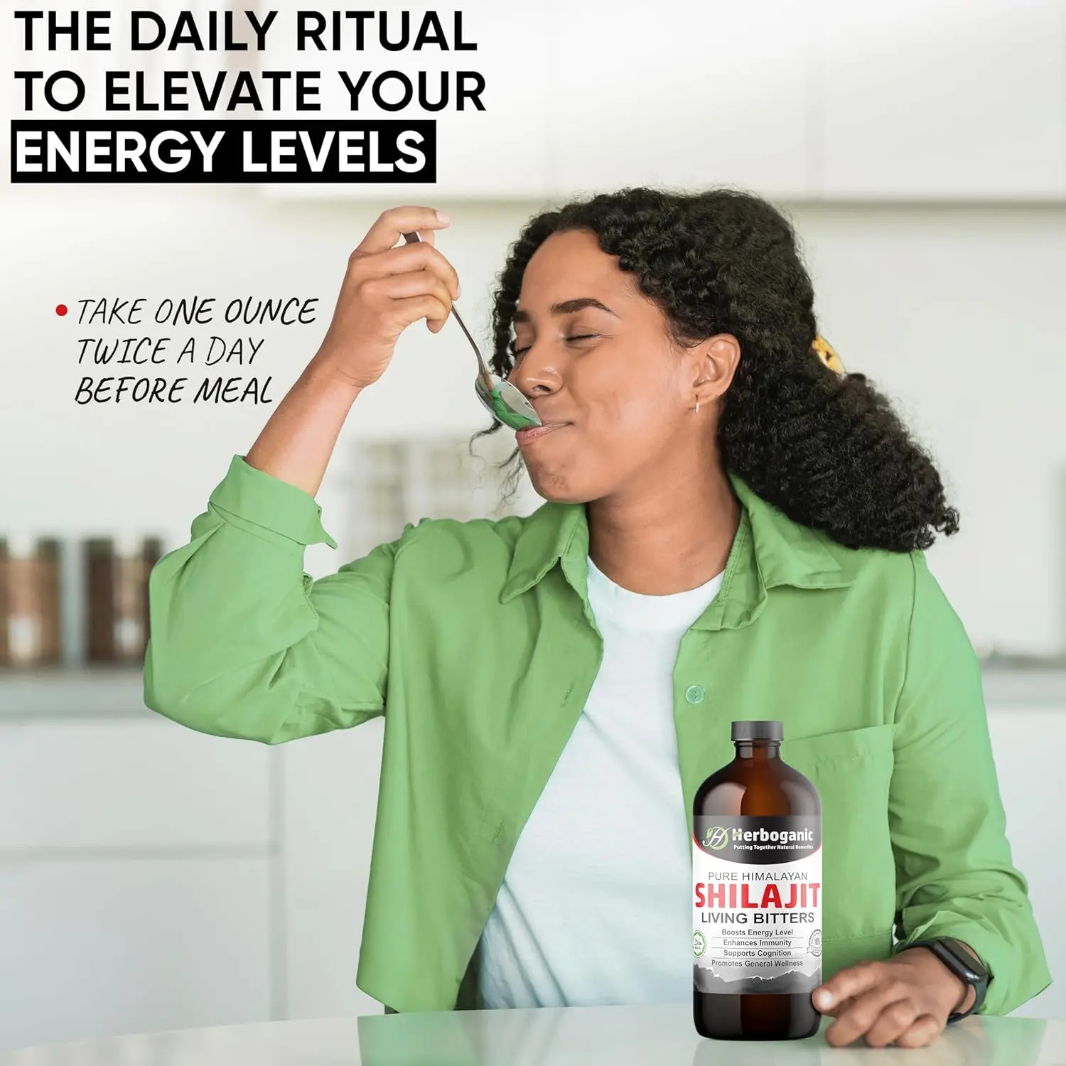 Image of HERBOGANIC Shilajit Living Bitter supplement promoting general wellness.