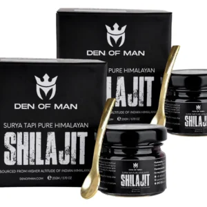 A glass jar of Den of Man shilajit resin supplement, sourced from the Himalayas, offering natural energy and vitality for men.