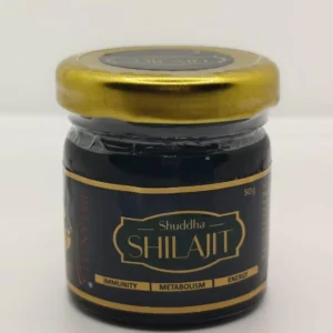 This is a close-up image of a container with pure shilajit supplement for men's health.