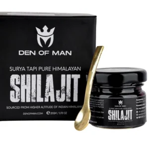 This is a jar of Den of Man pure Himalayan shilajit resin, a natural supplement rich in fulvic acid, traditionally used to support energy, vitality, stamina, and overall wellness for men.