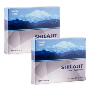 Two bottles of Golden Shilajit tablets, a natural supplement sourced from the Altai Siberian mountains, offering a convenient and pure way to enjoy the benefits of shilajit.
