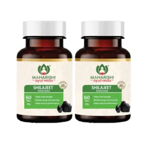 Maharishi Ayurveda Shilajeet Rasayana tablets, a natural supplement with fulvic acid for improved strength, stamina, and overall wellbeing for both men and women.