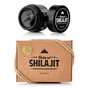 This is a jar of natural shilajit resin, a plant-based nutrient supplement with 72+ trace minerals, lab tested for safety and designed to boost energy, stimulate metabolism, and regulate the immune system.