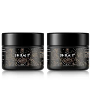 Two jars of Siberian Altai gold grade shilajit resin supplement with 85+ trace minerals and fulvic acid to support energy, immune system and overall wellness.