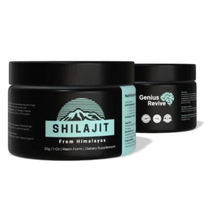 A jar of GeniusRevive shilajit resin, sourced from the Himalayas, known for its high 80% fulvic acid content to support energy and vitality.
