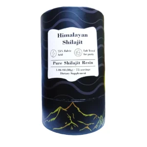 A jar of authentic 75% Fulvic Acid Himalayan Shilajit Resin that is GMP quality, vegan, gluten free, non-GMO, and lap tested for purity.