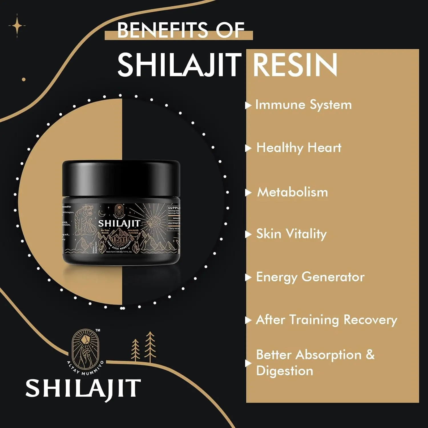 Authentic Siberian Shilajit resin rich in fulvic acid and over 85 trace minerals supports energy, immune function, and overall wellness.