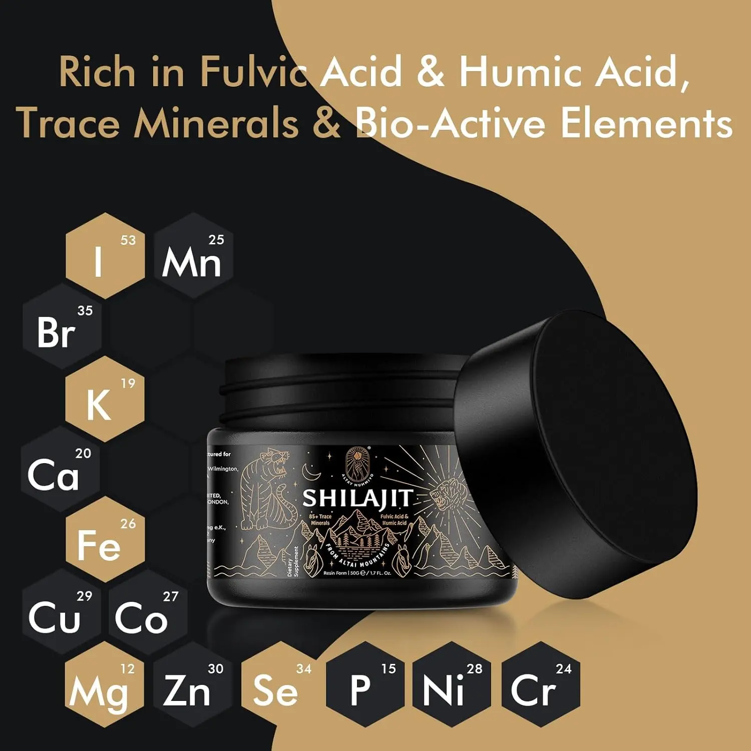 Authentic Siberian Shilajit resin rich in fulvic acid and over 85 trace minerals supports energy, immune function, and overall wellness.