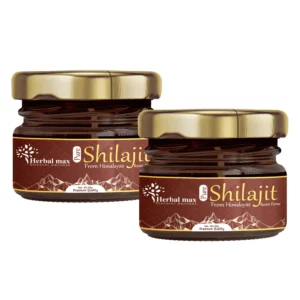 Two jars of Herbal Max Himalayan Shilajit resin supplements for improved stamina and endurance.