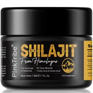 P!nkTribe authentic gold grade shilajit resin sourced from the Himalayan Mountains, rich in fulvic acid, humic acid, and trace minerals, providing a natural vitality and immune system boost.