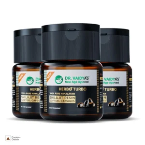 Three jars of Dr. Vaidya's Herbo24Turbo Shilajit Resin, a 100% pure Himalayan supplement with over 75% Fulvic Acid, designed to boost strength, stamina, and overall wellness.