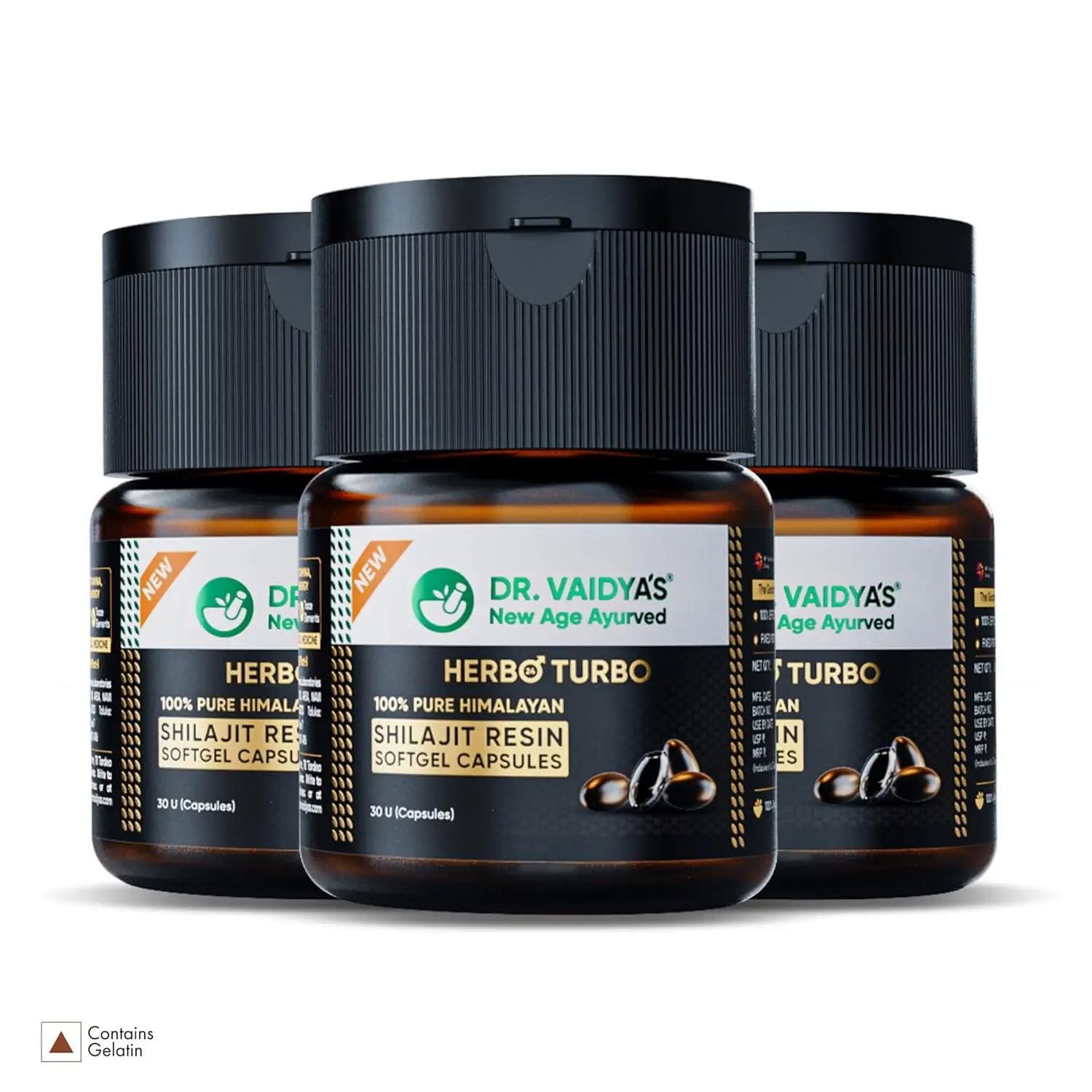 Three jars of Dr. Vaidya's Herbo24Turbo Shilajit Resin, a 100% pure Himalayan supplement with over 75% Fulvic Acid, designed to boost strength, stamina, and overall wellness.