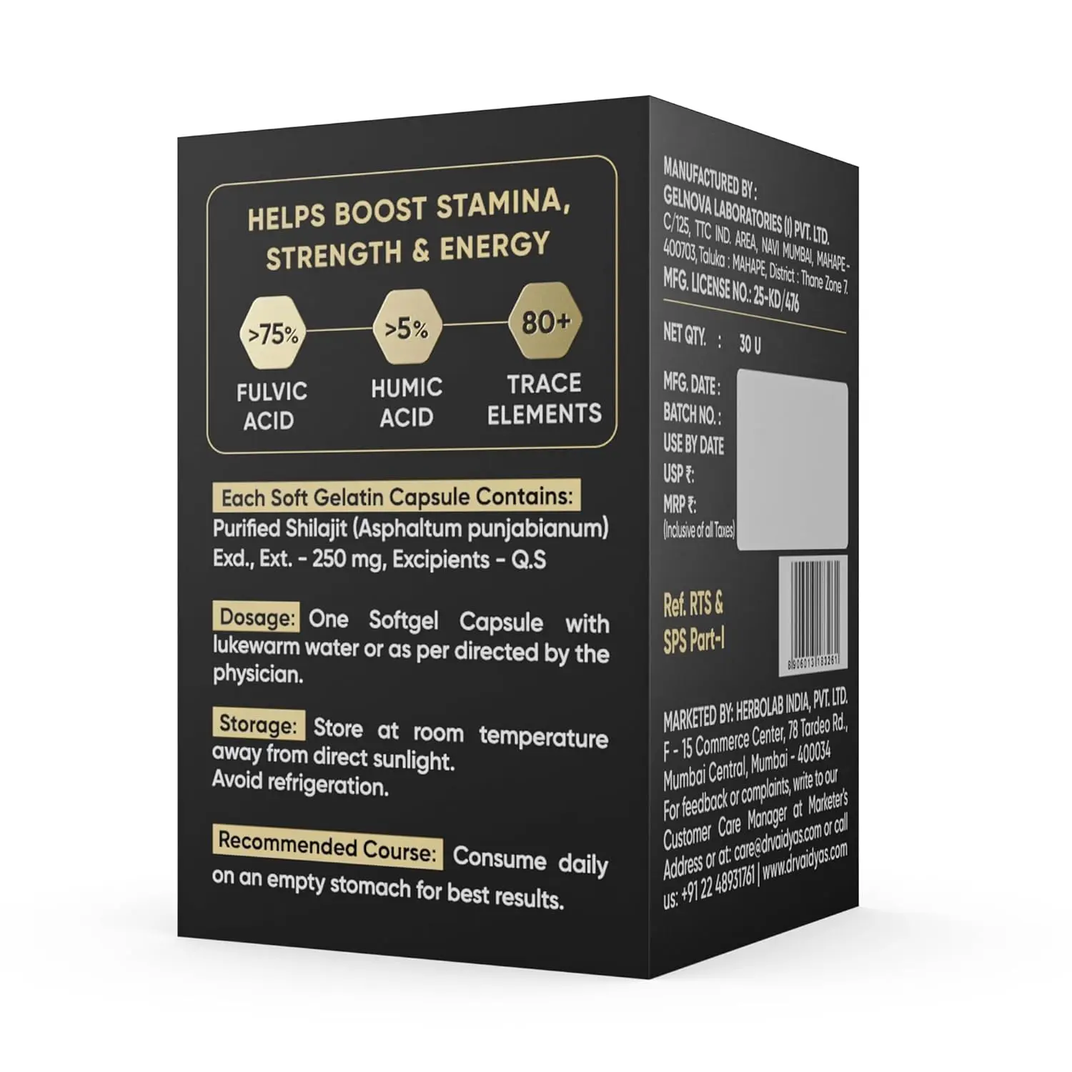 Three jars of Dr. Vaidya's Herbo24Turbo Shilajit Resin, a 100% pure Himalayan supplement with over 75% Fulvic Acid, designed to boost strength, stamina, and overall wellness.