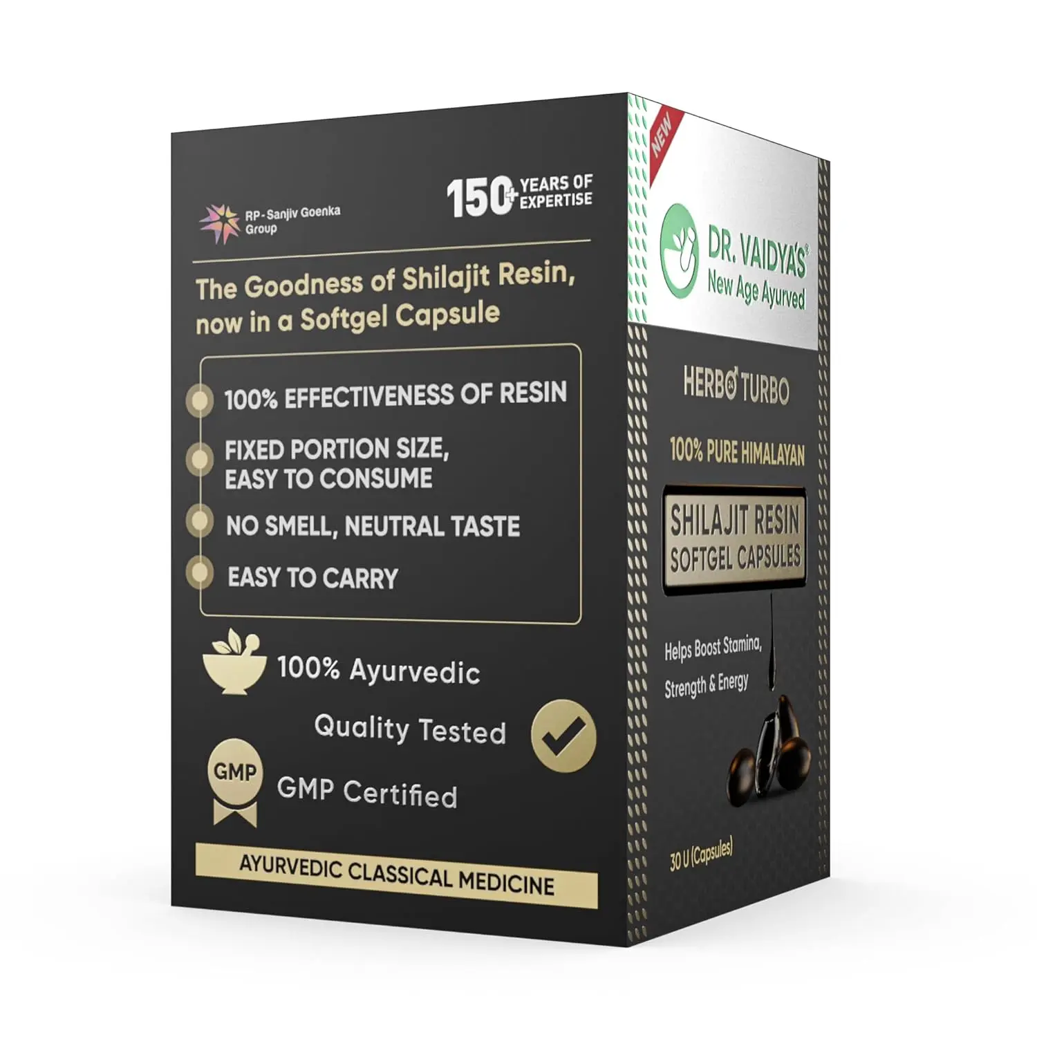 Three jars of Dr. Vaidya's Herbo24Turbo Shilajit Resin, a 100% pure Himalayan supplement with over 75% Fulvic Acid, designed to boost strength, stamina, and overall wellness.