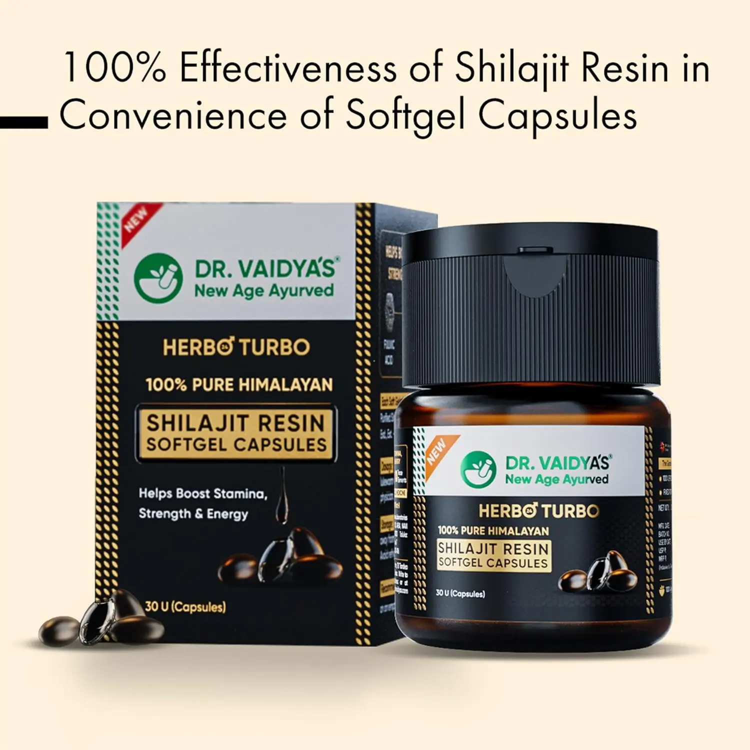 Three jars of Dr. Vaidya's Herbo24Turbo Shilajit Resin, a 100% pure Himalayan supplement with over 75% Fulvic Acid, designed to boost strength, stamina, and overall wellness.