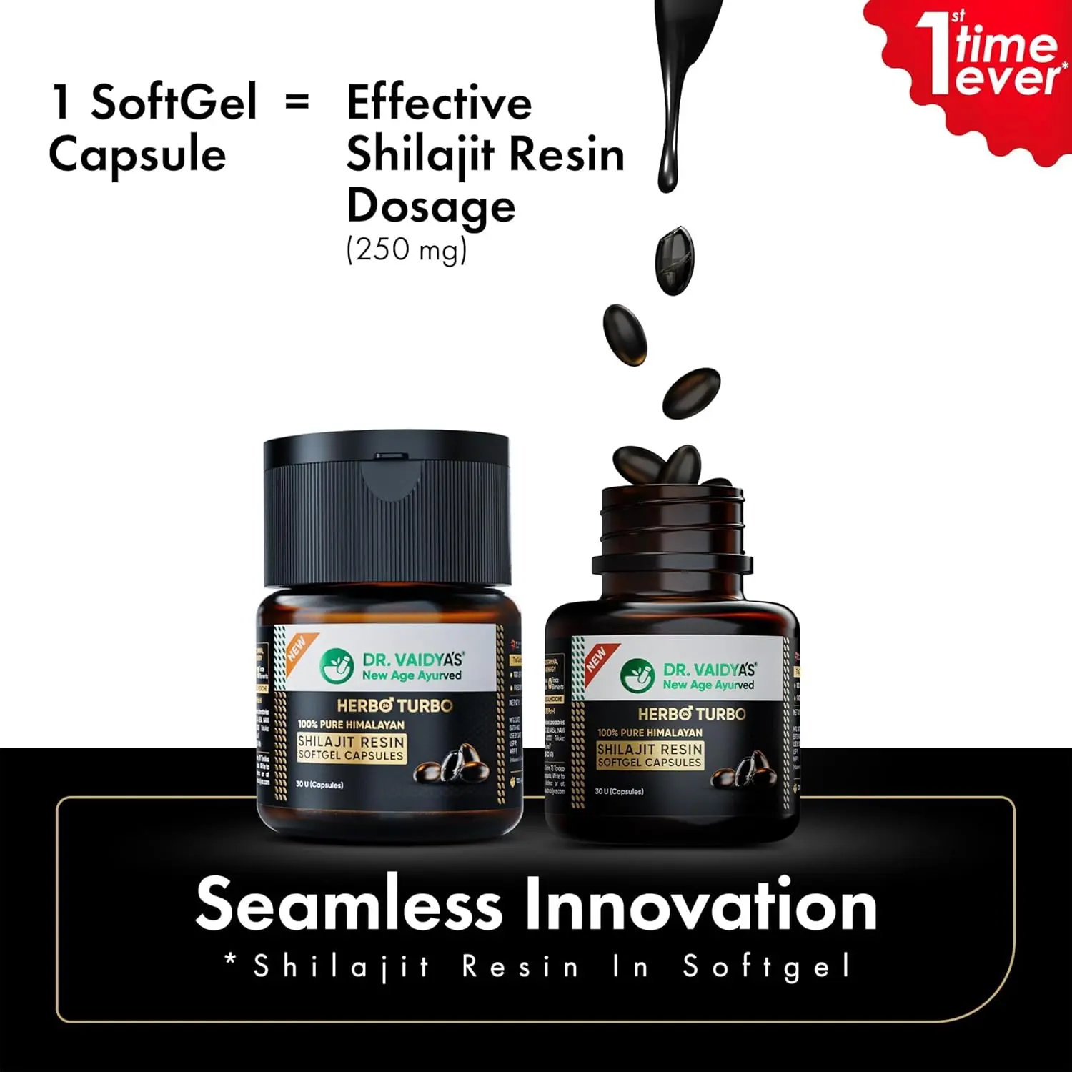 Three jars of Dr. Vaidya's Herbo24Turbo Shilajit Resin, a 100% pure Himalayan supplement with over 75% Fulvic Acid, designed to boost strength, stamina, and overall wellness.