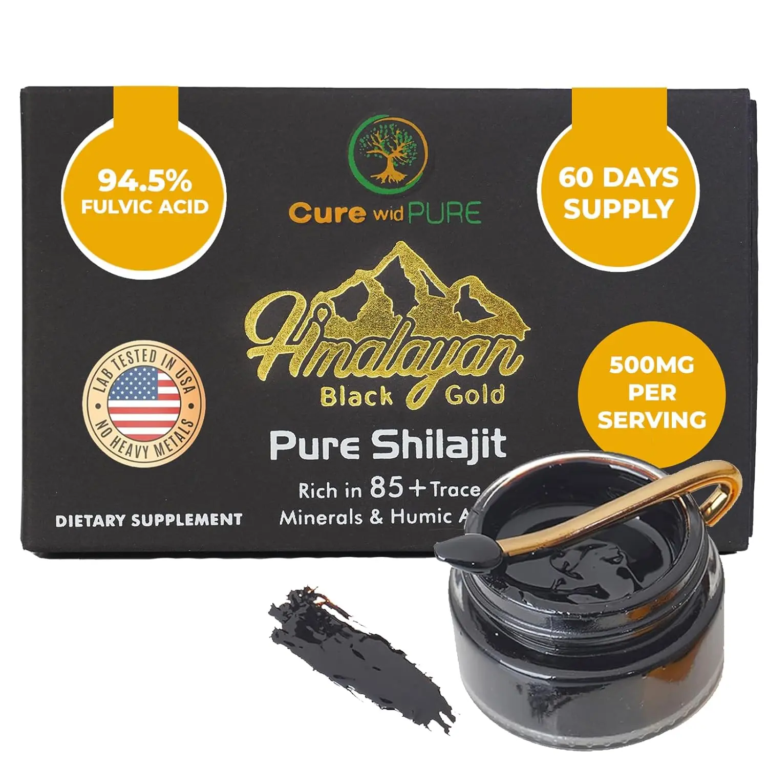This is a close-up image of Cure wid Pure Himalayan Shilajit Resin, a dark, potent substance that has been USA lab tested and contains a high concentration of fulvic acid, with 60 servings for enhanced wellness.