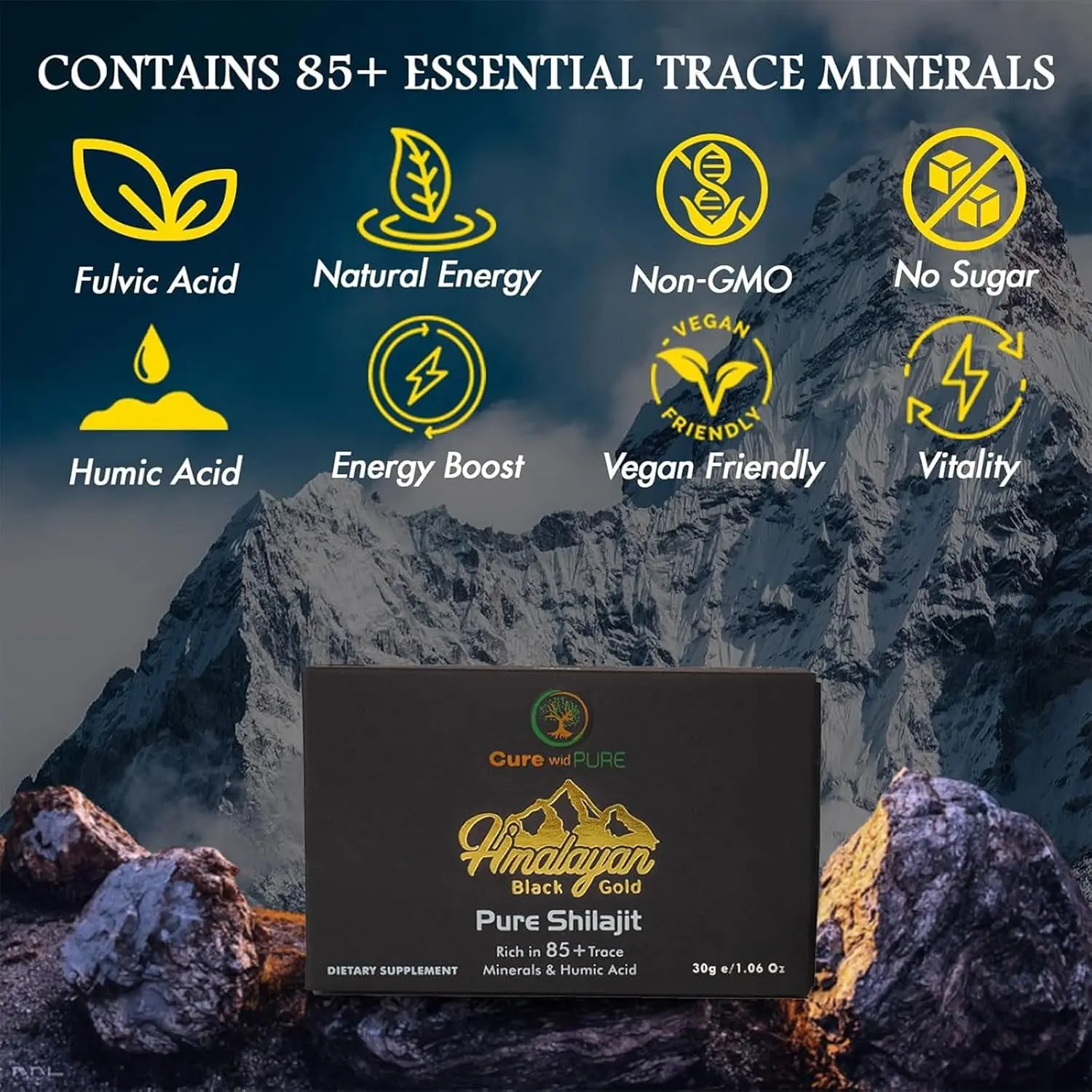 This is a close-up image of Cure wid Pure Himalayan Shilajit Resin, a dark, potent substance that has been USA lab tested and contains a high concentration of fulvic acid, with 60 servings for enhanced wellness.