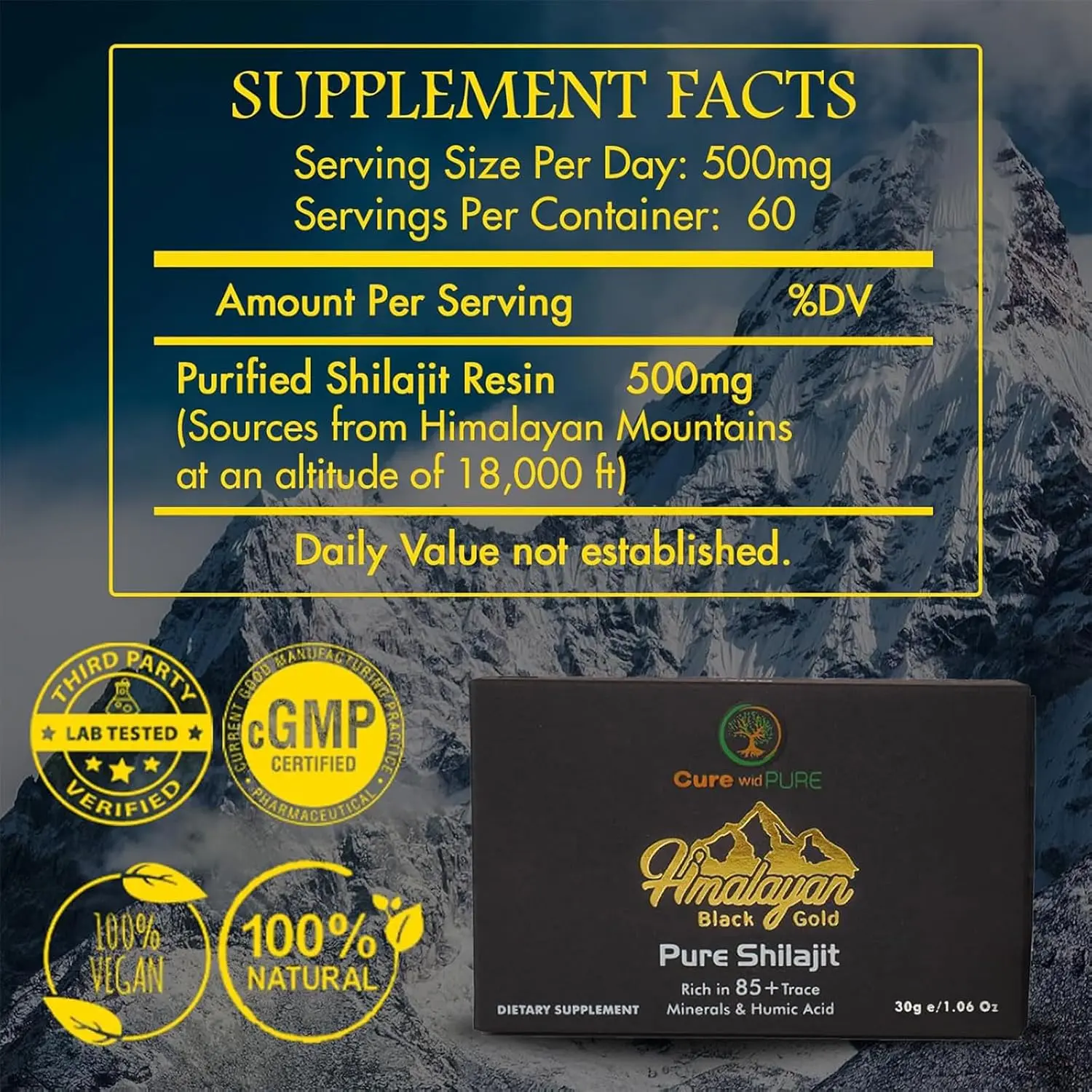 This is a close-up image of Cure wid Pure Himalayan Shilajit Resin, a dark, potent substance that has been USA lab tested and contains a high concentration of fulvic acid, with 60 servings for enhanced wellness.