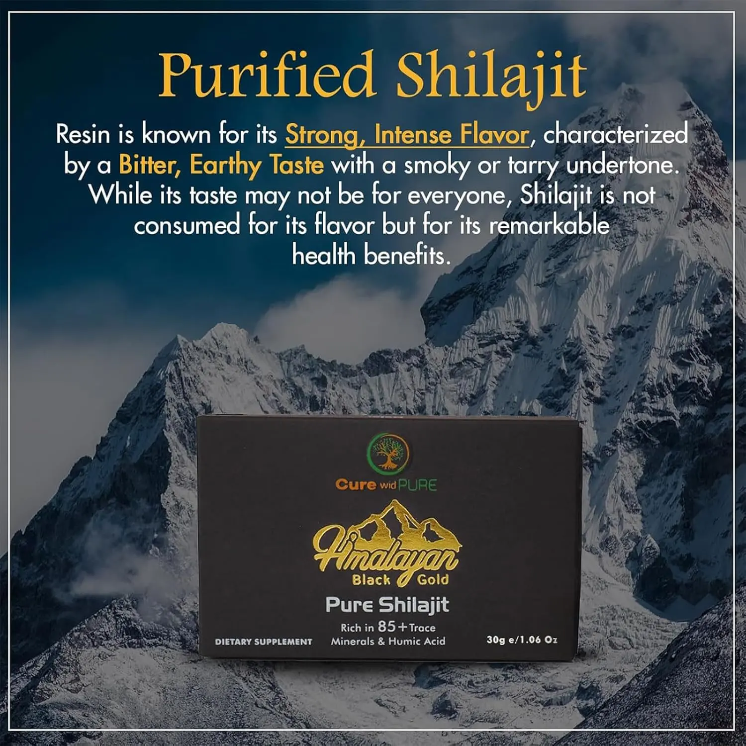 This is a close-up image of Cure wid Pure Himalayan Shilajit Resin, a dark, potent substance that has been USA lab tested and contains a high concentration of fulvic acid, with 60 servings for enhanced wellness.