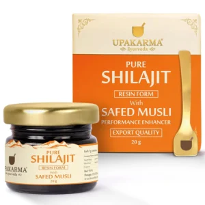Upakarma Shilajit with Safed Musli resin boosts men's physical performance, power, stamina, and strength while reducing stress and anxiety, ensuring quality through rigorous testing.