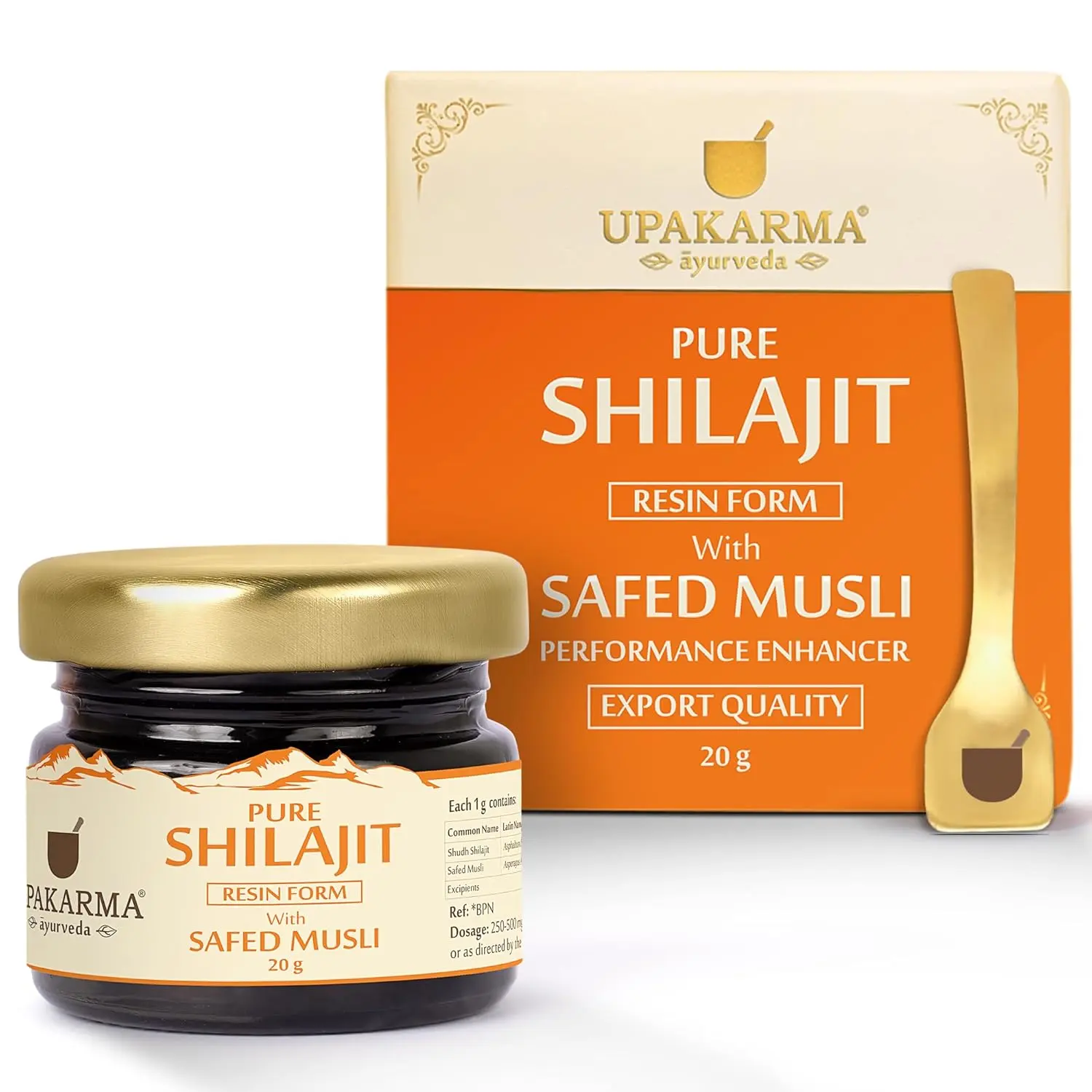 Upakarma Shilajit with Safed Musli resin boosts men's physical performance, power, stamina, and strength while reducing stress and anxiety, ensuring quality through rigorous testing.