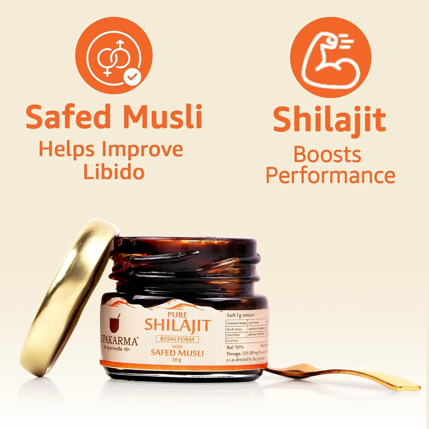 Upakarma Shilajit with Safed Musli resin boosts men's physical performance, power, stamina, and strength while reducing stress and anxiety, ensuring quality through rigorous testing.