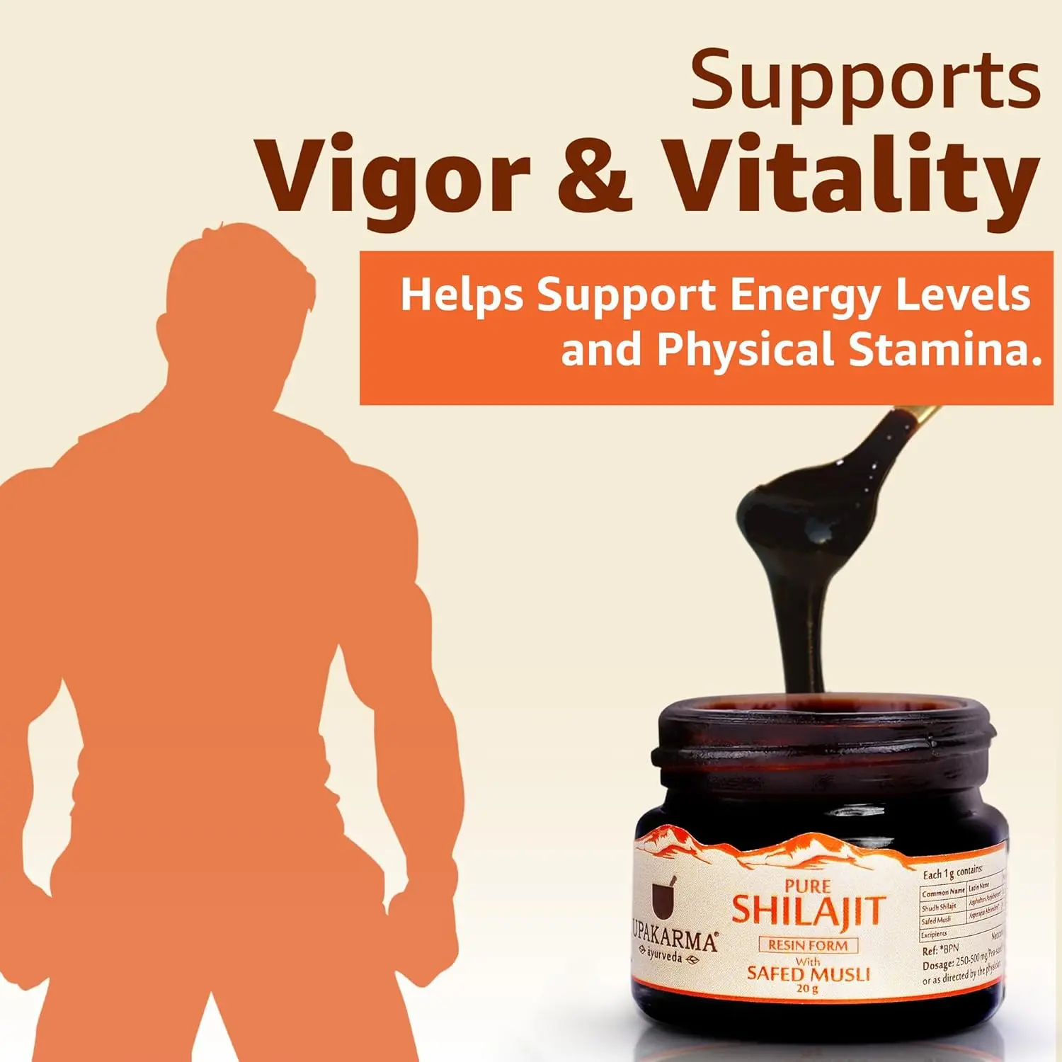 Upakarma Shilajit with Safed Musli resin boosts men's physical performance, power, stamina, and strength while reducing stress and anxiety, ensuring quality through rigorous testing.