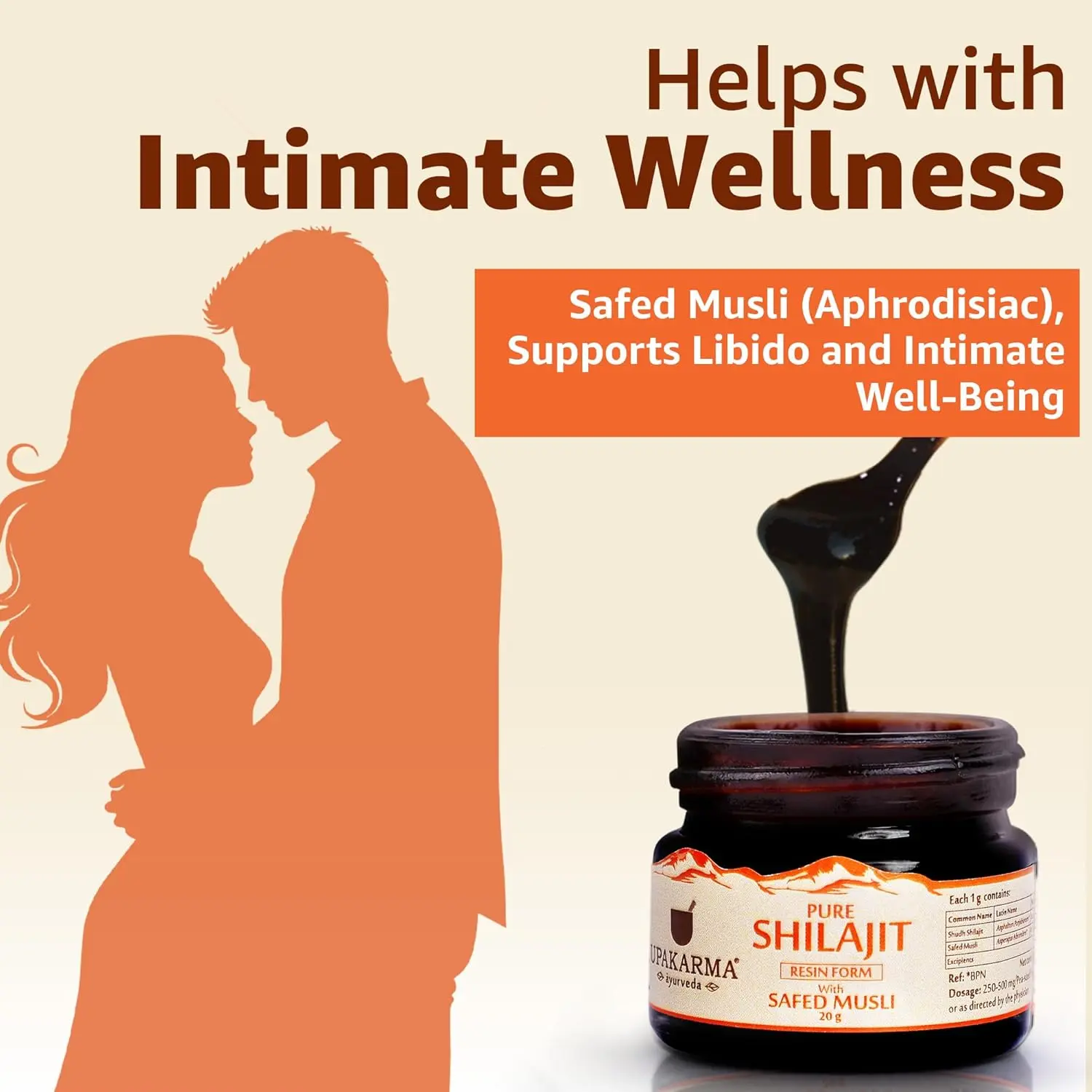 Upakarma Shilajit with Safed Musli resin boosts men's physical performance, power, stamina, and strength while reducing stress and anxiety, ensuring quality through rigorous testing.