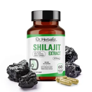 Dr. Herbalist Shilajit capsules, a natural dietary supplement rich in fulvic acid, for men's health and energy support.