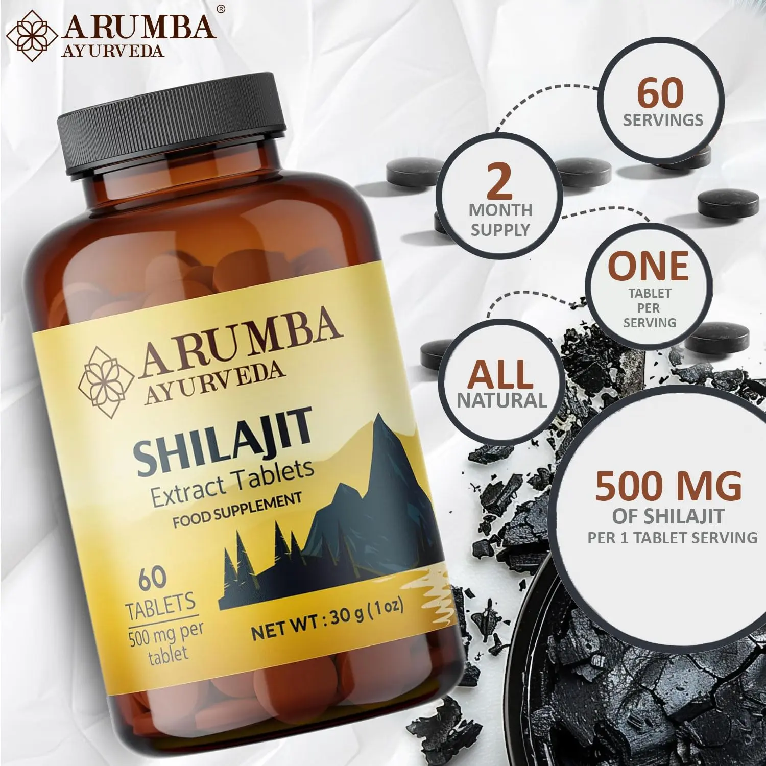 Arumba Shilajit tablets offer a potent 10000mg dose of pure Himalayan shilajit extract in a convenient tablet form, providing a 60-day supply of this powerful Ayurvedic supplement for both men and women.
