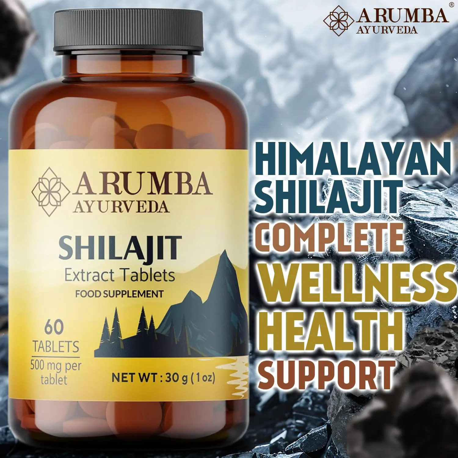 Arumba Shilajit tablets offer a potent 10000mg dose of pure Himalayan shilajit extract in a convenient tablet form, providing a 60-day supply of this powerful Ayurvedic supplement for both men and women.