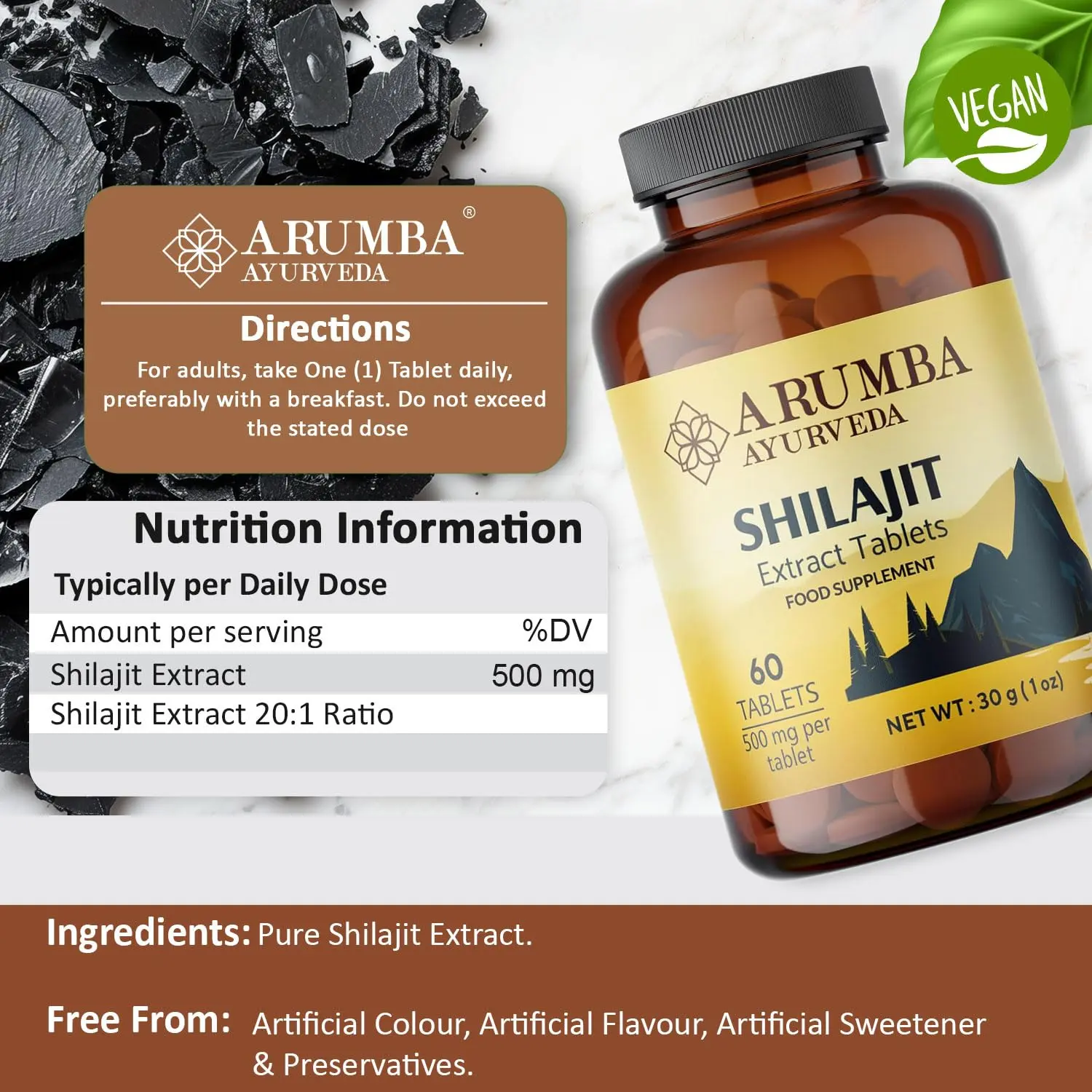 Arumba Shilajit tablets offer a potent 10000mg dose of pure Himalayan shilajit extract in a convenient tablet form, providing a 60-day supply of this powerful Ayurvedic supplement for both men and women.