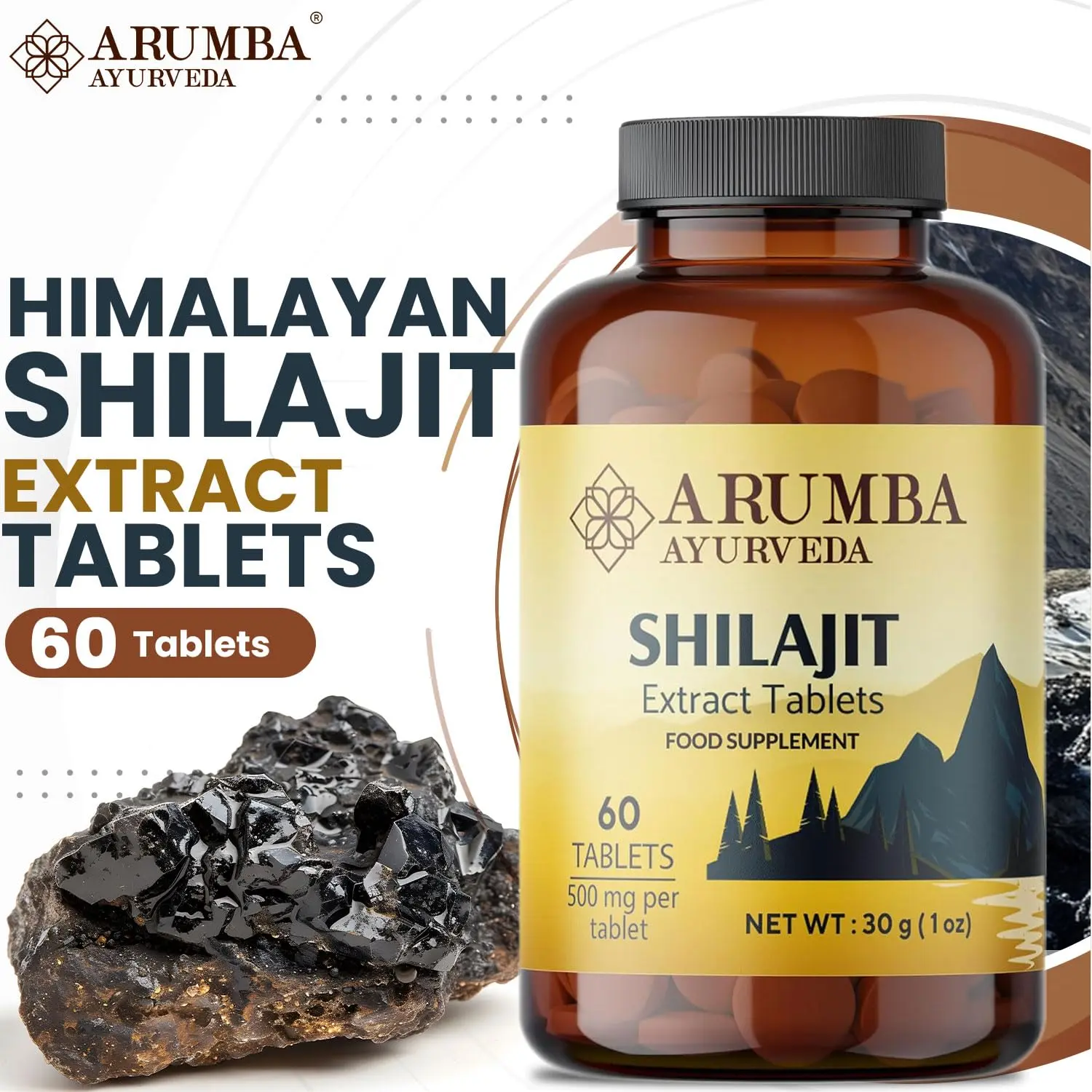 Arumba Shilajit tablets offer a potent 10000mg dose of pure Himalayan shilajit extract in a convenient tablet form, providing a 60-day supply of this powerful Ayurvedic supplement for both men and women.