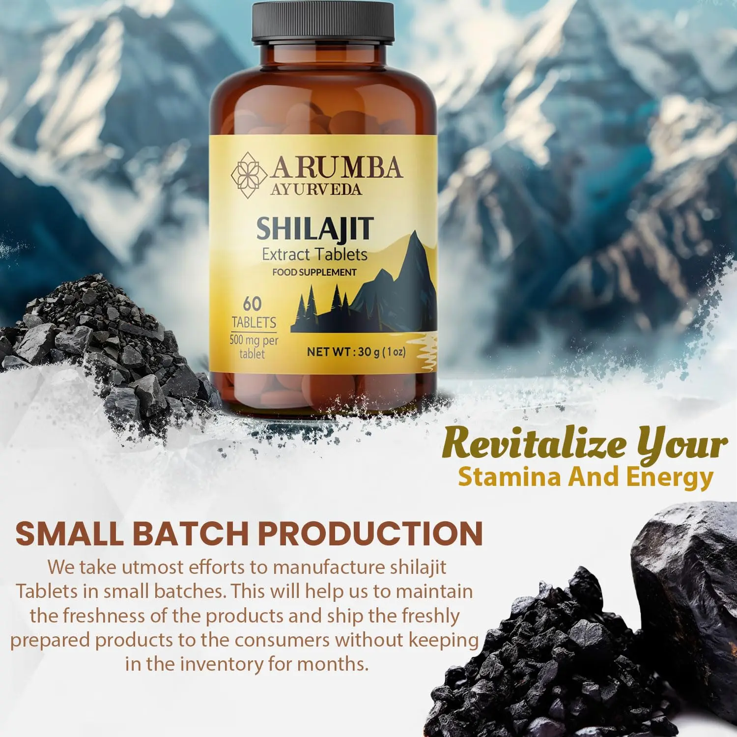 Arumba Shilajit tablets offer a potent 10000mg dose of pure Himalayan shilajit extract in a convenient tablet form, providing a 60-day supply of this powerful Ayurvedic supplement for both men and women.
