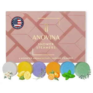 Anovina shower steamers gift box, made in the USA with pure essential oils like lavender and eucalyptus, offer a luxurious aromatherapy experience for relaxation and self-care.
