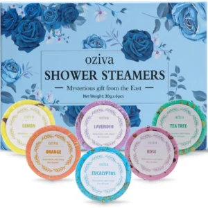 Box of six aromatherapy shower steamers with essential oils for stress relief and relaxation, perfect self care gifts for women.