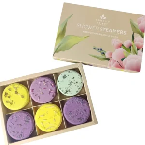 Experience aromatherapy in your shower with organic shower steamers infused with essential oils for stress relief and relaxation, making it the perfect spa gift.