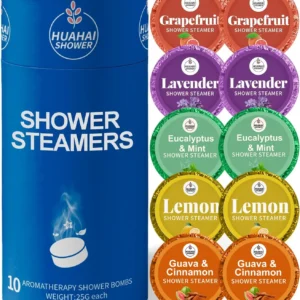 This aromatherapy shower steamers gift set contains ten individually wrapped shower bombs with natural essential oils like lavender, eucalyptus, peppermint, grapefruit, and lemon, perfect for relaxation.