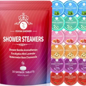 This aromatherapy shower steamer set includes 18 organic shower bombs with essential oils like eucalyptus, mint, rose, lavender, chamomile, and watermelon, perfect for relaxation and gifting.