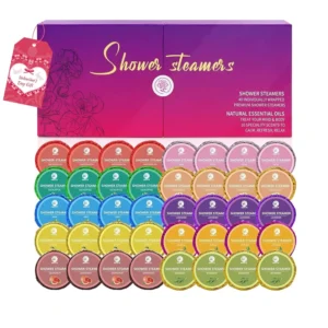 This aromatherapy shower steamers gift set includes 40 individually wrapped shower bombs in 10 unique essential oil scents to help you relax and relieve stress.